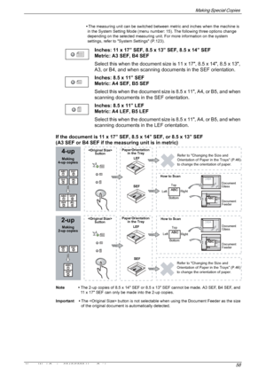 Page 58Making Special Copies 
Xerox WorkCentre 5016/5020 User Guide 58
•The measuring unit can be switched between metric and inches when the machine is 
in the System Setting Mode (menu number: 15). The following three options change 
depending on the selected measuring unit. For more information on the system 
settings, refer to System Settings (P.123).
Inches: 11 x 17” SEF, 8.5 x 13” SEF, 8.5 x 14” SEF
Metric: A3 SEF, B4 SEF
Select this when the document size is 11 x 17, 8.5 x 14, 8.5 x 13, 
A3, or B4, and...