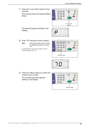 Page 66Account Mode Overview 
Xerox WorkCentre 5016/5020 User Guide 66
1.Press the  button for four 
seconds.
The machine enters the System Setting 
Mode.
The letter [P] appears blinking in the 
Display.
2.Enter 70 using the numeric keypad.
Note • The system setting menu number 
for selecting an account mode is 
70.
For information on the system settings, refer to 
System Settings (P.123).
3.Press the  button to confirm the 
entered menu number.
The currently-set value appears 
blinking in the Display....