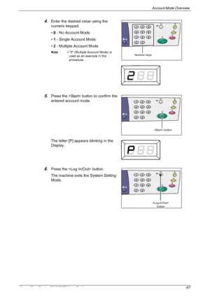 Page 67Account Mode Overview 
Xerox WorkCentre 5016/5020 User Guide 67
4.Enter the desired value using the 
numeric keypad.
• 0 - No Account Mode
• 1 - Single Account Mode
• 2 - Multiple Account Mode
Note • 2 (Multiple Account Mode) is 
used as an example in this 
procedure.
5.Press the  button to confirm the 
entered account mode. 
The letter [P] appears blinking in the 
Display.
6.Press the  button.
The machine exits the System Setting 
Mode.
Numeric keys
 button
 
button
Downloaded From ManualsPrinter.com...