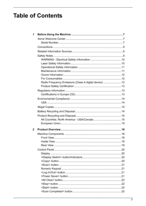 Page 33
  
Table of Contents
1 Before Using the Machine .....................................................................7
Xerox Welcome Center ............................................................................ 7
Serial Number ......................................................................................7
Conventions .............................................................................................8
Related Information Sources...