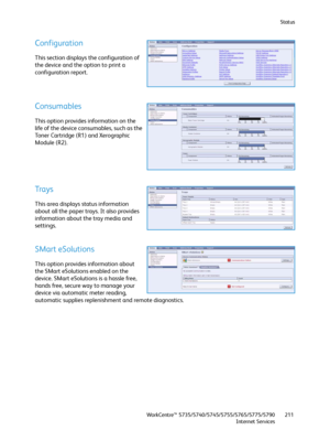 Page 211Status
WorkCentre™ 5735/5740/5745/5755/5765/5775/5790
Internet Services211
Configuration
This section displays the configuration of 
the device and the option to print a 
configuration report.
Consumables
This option provides information on the 
life of the device consumables, such as the 
Toner Cartridge (R1) and Xerographic 
Module (R2).
Trays
This area displays status information 
about all the paper trays. It also provides 
information about the tray media and 
settings.
SMart eSolutions
This option...