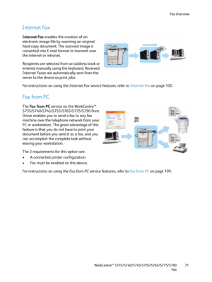 Page 71Fax Overview
WorkCentre™ 5735/5740/5745/5755/5765/5775/5790
Fa x71
Internet Fax
Internet Fax enables the creation of an 
electronic image file by scanning an original 
hard copy document. The scanned image is 
converted into E-mail format to transmit over 
the internet or intranet.
Recipients are selected from an address book or 
entered manually using the keyboard. Received 
Internet Faxes are automatically sent from the 
server to the device as print jobs.
For instructions on using the Internet Fax...