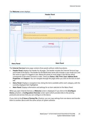 Page 23Internet Services
WorkCentre™ 5735/5740/5745/5755/5765/5775/5790
System Administrator Guide23
The Welcome screen displays.
The Internet Services home page contains three panels without visible boundaries. 
•Header Panel: displays the header for all pages. The header includes the Internet Services logo 
and model of the device. The header for the WorkCentre series also includes a user mode icon, and 
the name or type of a logged-in user. Below this panel on most pages is the tab bar which 
corresponds to...