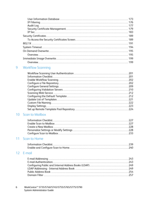 Page 6WorkCentre™ 5735/5740/5745/5755/5765/5775/5790
System Administrator Guide 6
User Information Database . . . . . . . . . . . . . . . . . . . . . . . . . . . . . . . . . . . . . . . . . . . . . . . . . . . . . . . . .  173
IP Filtering . . . . . . . . . . . . . . . . . . . . . . . . . . . . . . . . . . . . . . . . . . . . . . . . . . . . . . . . . . . . . . . . . . . . . . . . .  176
Audit Log  . . . . . . . . . . . . . . . . . . . . . . . . . . . . . . . . . . . . . . . . . . . . . . . . . . . . . . . . ....