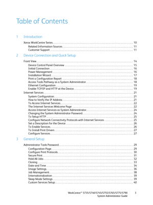 Page 3WorkCentre™ 5735/5740/5745/5755/5765/5775/5790
System Administrator Guide3
Table of Contents
1Introduction
Xerox WorkCentre Series . . . . . . . . . . . . . . . . . . . . . . . . . . . . . . . . . . . . . . . . . . . . . . . . . . . . . . . . . . . . . . . . .  10
Related Information Sources . . . . . . . . . . . . . . . . . . . . . . . . . . . . . . . . . . . . . . . . . . . . . . . . . . . . . . . . .  11
Customer Support . . . . . . . . . . . . . . . . . . . . . . . . . . . . . . . . . . . . . . . . ....