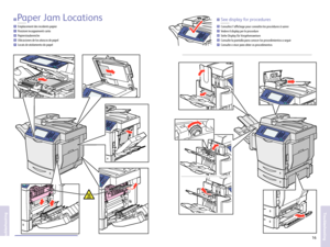 Page 16www.xerox.com/ofce/W C6400support16
Troubleshooting
Troubleshooting
EN
FR
IT
DE
ES
PT
Paper Jam Locations
Emplacement des incidents papier
Posizioni inceppamenti cart a
P apierstauber eiche
Ubicaciones de los atascos de papel
Lo cais de atolamento do papel Co
nsultez lafchage pour connaîtr e les procédures à suivr e
V eder e il display per le pr ocedure
Siehe Display für V orgehensweisen
Co nsulte la pantalla par a conocer los procedimientos a seguir
Co nsulte o visor par a obter os procedimentosFR
IT...