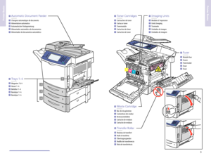 Page 3www.xerox.com/ofce/W C6400support3
Prin ter Basics
Prin ter Basics
2
1
YMCK
3
4
Cartouches de toner
C artucce toner
T onermodule
C artuchos de tóner
C artuchos de toner
EN
FR
IT
DE
ES
PT
To ner C artridges
Bac de r écupération
C ontenitor e dei residui
R esttonerbehälter
C artucho de r esiduos
C artucho de r esíduos
EN
FR
IT
DE
ES
PT
Waste C artridge
Modules dimpr ession
Unità Imagin g
Tr ommeln
Unidades de imagen
Unidades de imagem
EN
FR
IT
DE
ES
PT
Imaging Units
Module f our
F usor e
Fixiermodul
F...