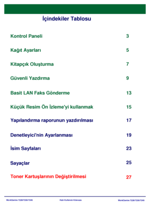 Page 3
WorkCentre 7228/7235/7245WorkCentre 7228/7235/7245
Hızlı Kullanım Kılavuzu
İ
çindekiler Tablosu
Kontrol Paneli
Yapılandırma raporunun yazdırılması 3
17
İ sim Sayfaları
23 5
Toner Kartu şlarının De ğiş tirilmesi 25
Ka
ğıt Ayarları
7
Kitapçık Olu şturma
9
Güvenli Yazd
l rma
13
Denetleyicinin Ayarlanması 19
Basit LAN Faks Gönderme
Küçük Resim Ön 
İzlemeyi kullanmak
Sayaçlar 15
27
Downloaded From ManualsPrinter.com Manuals 