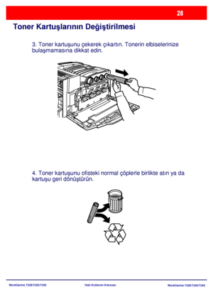 Page 29
WorkCentre 7228/7235/7245WorkCentre 7228/7235/7245
Hızlı Kullanım Kılavuzu
Toner Kartu
şlarının De ğiş tirilmesi
3. Toner kartu şunu çekerek çıkartın. Tonerin elbiselerinize 
bula şmamasına dikkat edin.
4. Toner kartu şunu ofisteki normal çöplerle birlikte atı
n ya da 
kartu şu geri dönü ştürün.
Downloaded From ManualsPrinter.com Manuals 