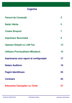 Page 35
WorkCentre 7228/7235/7245WorkCentre 7228/7235/7245
Ghid Rapid de Utilizare
Cuprins
Panoul de Comand
ă
Imprimarea unui raport al configura ţiei 3
17
Pagini Identificare 23 5
Înlocuirea Cartuşelor cu Toner 25
Set
ări Hârtie
7
Creare Bro şur ă
9
Impr
imare Securizat ă
 13
Setare Auditron 19 Operare Simpl ă cu LAN Fax
Utiliz
are  Previzualizare Miniatură

Contoare 15
27
Downloaded From ManualsPrinter.com Manuals 