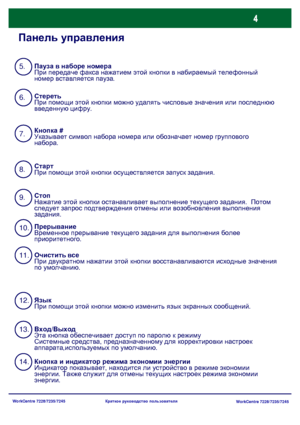 Page 69
WorkCentre 7228/7235/7245WorkCentre 7228/7235/7245
Краткое
 руководство  пользователя
Панель  управления
5.
6.
10.
13. 12. 11. 9. 8. 7.Пауза  в  наборе  номера
При  передаче  факса  нажатием  этой  кнопки  в  набираемый  телефонный  
номер  вставляется  пауза .
Язык
При  помощи  этой  кнопки  можно  изменить  язык  экранных  сообщений .
Кнопка
 #
Указывает  символ  набора  номера  или  обозначает  номер  группового  
набора .
Прерывание
Временное  прерывание  текущего  задания  для  выполнения  более...