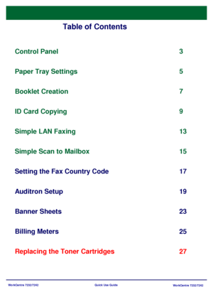 Page 3WorkCentre 7232/7242
WorkCentre 7232/7242 Quick Use Guide
Table of Contents
Control Panel
Setting the Fax Country Code3
17
Banner Sheets
23 5
Replacing the Toner Cartridges25 Paper Tray Settings
7
Booklet Creation
9
ID Card Copying
13
Auditron Setup 19 Simple LAN Faxing
Simple Scan to Mailbox
Billing Meters15
27
Downloaded From ManualsPrinter.com Manuals 