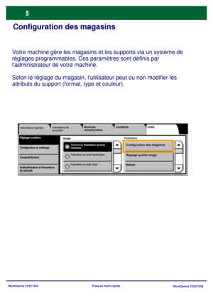 Page 38WorkCentre 7232/7242
WorkCentre 7232/7242 Prise en main rapide
Configuration des magasins
Votre machine gère les magasins et les supports via un système de 
réglages programmables. Ces paramètres sont définis par 
ladministrateur de votre machine. 
Selon le réglage du magasin, lutilisateur peut ou non modifier les 
attributs du support (format, type et couleur).
Groupe
Informations de 
facturationOutils
FonctionsRéglages systèmeInformations machine
Sélectionnez Paramètres services 
communs.
Incidents...