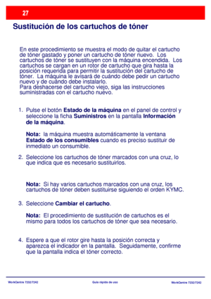 Page 92
WorkCentre 7232/7242WorkCentre 7232/7242
Guía rápida de uso
Sustitución de los cartuchos de tóner
En este procedimiento se muestr
a el modo de quitar el cartucho 
de tóner gastado y poner un cartucho de tóner nuevo.  Los 
cartuchos de tóner se sustituyen con la máquina encendida.  Los 
cartuchos se cargan en un rotor de cartucho que gira hasta la 
posición requerida para permitir la  sustitución del cartucho de 
tóner.  La máquina le avisará de cuándo debe pedir un cartucho 
nuevo y de cuándo debe...