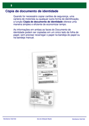 Page 106WorkCentre 7232/7242
WorkCentre 7232/7242 Guia de Utilização Rápida
Cópia de documento de identidade
Quando for necessário copiar cartões de segurança, uma 
carteira de motorista ou qualquer outra forma de identificação, 
a função Cópia de documento de identidade oferece uma 
maneira simples e eficiente de economizar tempo.
As informações em ambas as faces do Documento de 
identidade podem ser copiadas em um único lado da folha de 
papel, sem precisar recarregar o papel na bandeja do papel ou 
na bandeja...