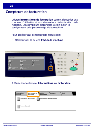 Page 58WorkCentre 7232/7242
WorkCentre 7232/7242 Prise en main rapide
Compteurs de facturation
Lécran Informations de facturation permet daccéder aux 
données dutilisation et aux informations de facturation de la 
machine. Les compteurs disponibles varient selon la 
configuration et le paramétrage de la machine.
Pour accéder aux compteurs de facturation :  
 1. Sélectionnez la touche État de la machine.
CopieCourrielFax Internet
Fax
Num érisation réseau
Envoi depuis boîte 
aux lettres
Numérisation bureau...