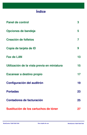 Page 67
WorkCentre 7328/7335/7345WorkCentre 7328/7335/7345
Guía rápida de uso
Índice
Panel de control
Escanear a destino propio 3
17
Portadas 23 5
Sustitución de los cartuchos de tóner 25
Opciones de bandeja
7
Creación de folletos
9
Copia
 de tarjeta de ID

13
Configuración del auditrón 19
Fax de LAN
Utilización de la vista previa en miniatura
Contadores de facturación 15
27
Downloaded From ManualsPrinter.com Manuals 