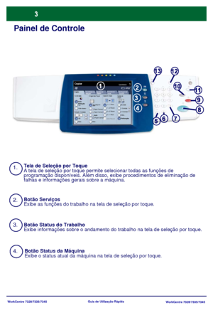 Page 100WorkCentre 7328/7335/7345
WorkCentre 7328/7335/7345 Guia de Utilização Rápida
Painel de Controle
1.
2.
3.Tela de Seleção por Toque
A tela de seleção por toque permite selecionar todas as funções de 
programação disponíveis. Além disso, exibe procedimentos de eliminação de 
falhas e informações gerais sobre a máquina.
Botão Serviços
Exibe as funções do trabalho na tela de seleção por toque.
Botão Status do Trabalho
Exibe informações sobre o andamento do trabalho na tela de seleção por toque.
4.Botão...