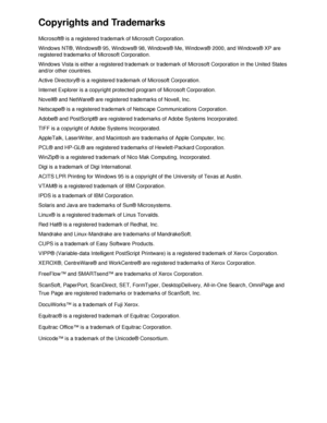 Page 2Copyrights and Trademarks
Microsoft® is a registered trademark of Microsoft Corporation.
Windows NT®, Windows® 95, Windows® 98, Windows® Me, Windows® 2000, and Windows® XP are 
registered trademarks of Microsoft Corporation.
Windows Vista is either a registered trademark or trademark of Microsoft Corporation in the United States 
and/or other countries.
Active Directory® is a registered trademark of Microsoft Corporation.
Internet Explorer is a copyright protected program of Microsoft Corporation....