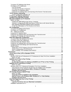 Page 4ii To access LPD Settings at the Device ................................................................................................ 29
Port Status (LPD Enablement) ............................................................................................................ 30
LPD Port Number ............................................................................................................................ 30
LPD Maximum Number of Sessions...