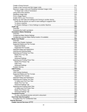 Page 9vii Create a Group Account.................................................................................................................... 216
Create a User Account and Set Usage Limits ................................................................................... 217
Maximum Usage Limits and Resetting Individual Usage Limits ........................................................ 218
To Reset User Limits (if...