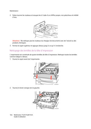 Page 164Maintenance
WorkCentre 7425/7428/7435
Guide d'utilisation 164
2. Faites tourner les rouleaux et essuyez-les à l'aide d'un chiffon propre, non pelucheux et imbibé 
d'eau.
Attention :Ne nettoyez pas les rouleaux du chargeur de documents avec de l'alcool ou des 
produits chimiques.
3. Fermez le capot supérieur et appuyez dessus jusqu'à ce qu'il s'enclenche.
Nettoyage des lentilles de la tête d'impression
L'imprimante est constituée de quatre lentilles de tête...