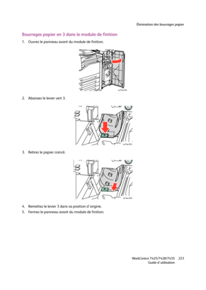 Page 223Élimination des bourrages papier
WorkCentre 7425/7428/7435
Guide d'utilisation223
Bourrages papier en 3 dans le module de finition
1. Ouvrez le panneau avant du module de finition.
2. Abaissez le levier vert 3.
3. Retirez le papier coincé.
4. Remettez le levier 3 dans sa position d'origine.
5. Fermez le panneau avant du module de finition.
wc74xx-043
wc74xx-054
wc74xx-055
Downloaded From ManualsPrinter.com Manuals 