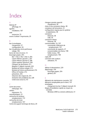 Page 273WorkCentre 7425/7428/7435
Guide d'utilisation273
Index
A
Adresse IP
affichage, 44
agrafes
installation, 187
aide
ressources, 35
avant d'utiliser l'imprimante, 20
B
bac à enveloppes
chargement, 57
configuration, 56
bac récupérateur de la perforeuse
vidage, 184
borne de mise à la terre, 12
bourrages papier, 204
Bac 1, Bac 2, Bac 3, Bac 4, 204
Capot inférieur gauche C, 207
Capot inférieur gauche D, 208
Capot supérieur gauche A, 206
Chargeur de documents, 211
Magasin 5 (départ manuel), 205
Module...