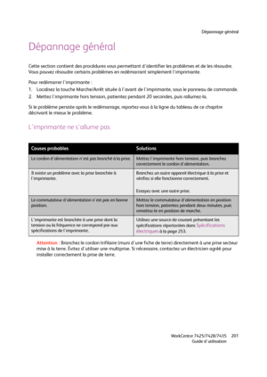 Page 201Dépannage général
WorkCentre 7425/7428/7435
Guide d'utilisation201
Dépannage général
Cette section contient des procédures vous permettant d'identifier les problèmes et de les résoudre. 
Vous pouvez résoudre certains problèmes en redémarrant simplement l'imprimante.
Pour redémarrer l'imprimante :
1. Localisez la touche Marche/Arrêt située à l'avant de l'imprimante, sous le panneau de commande.
2. Mettez l'imprimante hors tension, patientez pendant 20 secondes, puis...