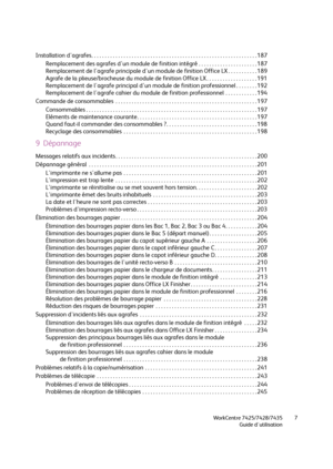 Page 7WorkCentre 7425/7428/7435
Guide d'utilisation7
Installation d'agrafes . . . . . . . . . . . . . . . . . . . . . . . . . . . . . . . . . . . . . . . . . . . . . . . . . . . . . . . . . . . . . . 187
Remplacement des agrafes d'un module de finition intégré . . . . . . . . . . . . . . . . . . . . . . 187
Remplacement de l'agrafe principale d'un module de finition Office LX . . . . . . . . . . . 189
Agrafe de la plieuse/brocheuse du module de finition Office LX . . . . . . . . . . . . . ....