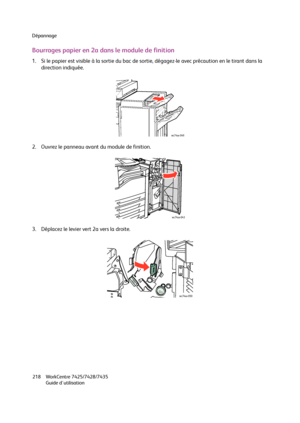 Page 218Dépannage
WorkCentre 7425/7428/7435
Guide d'utilisation 218
Bourrages papier en 2a dans le module de finition
1. Si le papier est visible à la sortie du bac de sortie, dégagez-le avec précaution en le tirant dans la 
direction indiquée.
2. Ouvrez le panneau avant du module de finition.
3. Déplacez le levier vert 2a vers la droite.
wc74xx-049
wc74xx-043
wc74xx-050
Downloaded From ManualsPrinter.com Manuals 