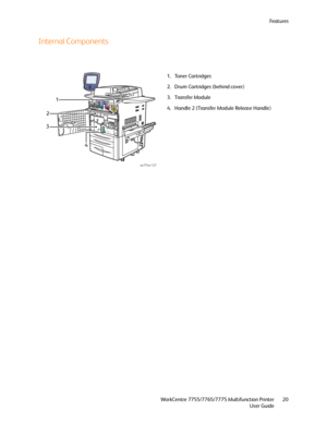 Page 20Fe a t u r e s
WorkCentre 7755/7765/7775 Multifunction Printer
User Guide20
Internal Components
1. Toner Cartridges
2. Drum Cartridges (behind cover)
3. Transfer Module
4. Handle 2 (Transfer Module Release Handle)
wc77xx-127
2
31
4
Downloaded From ManualsPrinter.com Manuals 