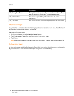 Page 25Fe a t u r e s
WorkCentre 7755/7765/7775 Multifunction Printer
User Guide 25
Information Pages
Your printer has a printable set of information pages stored on its internal hard drive. The information 
pages provide configuration and font information.
To print an information page:
1. On the control panel, press the Machine Status button.
2. Touch Information Pages, then touch the desired information page.
3. Touch Print.
Note:Information pages can also be printed from CentreWare Internet Services...