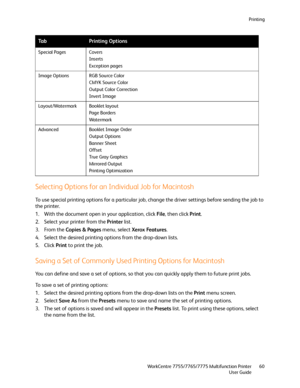 Page 60Printing
WorkCentre 7755/7765/7775 Multifunction Printer
User Guide60
Selecting Options for an Individual Job for Macintosh
To use special printing options for a particular job, change the driver settings before sending the job to 
the printer.
1. With the document open in your application, click File, then click Print.
2. Select your printer from the Printer list.
3. From the Copies & Pages menu, select Xerox Features.
4. Select the desired printing options from the drop-down lists.
5. Click Print to...