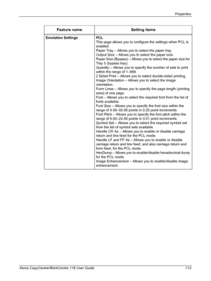 Page 113Properties 
Xerox CopyCentre/WorkCentre 118 User Guide 113Emulation Settings PCL
This page allows you to configure the settings when PCL is 
enabled.
Paper Tray – Allows you to select the paper tray.
Output Size – Allows you to select the paper size.
Paper Size (Bypass) – Allows you to select the paper size for 
Tray 5 (bypass tray).
Quantity – Allows you to specify the number of sets to print 
within the range of 1–999.
2 Sided Print – Allows you to select double-sided printing.
Image Orientation –...