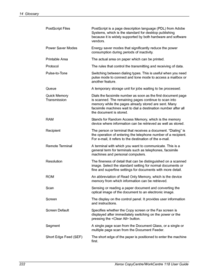 Page 22214 Glossary 
222 Xerox CopyCentre/WorkCentre 118 User GuidePostScript Files PostScript is a page description language (PDL) from Adobe 
Systems, which is the standard for desktop publishing 
because it is widely supported by both hardware and software 
vendors.
Power Saver Modes Energy saver modes that significantly reduce the power 
consumption during periods of inactivity.
Printable Area The actual area on paper which can be printed.
Protocol The rules that control the transmitting and receiving of...