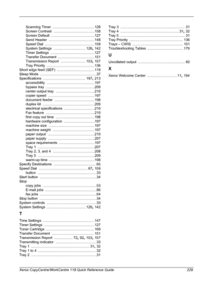 Page 229 
Xerox CopyCentre/WorkCentre 118 Quick Reference Guide 229Scanning Timer
 ..........................................128
Screen Contrast
 .........................................158
Screen Default
 ............................................127
Send Header
 ..............................................148
Speed Dial
 ..................................................159
System Settings
 ................................ 126, 142
Timer Settings
 ............................................127
Transfer...