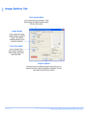 Page 128Page 7-8  Xerox CopyCentre C20, WorkCentre M20 and WorkCentre M20i User Guide 
Print
Image Options Tab
Image Quality
Use to select the Image 
Quality setting to apply to 
the job. The options 
available depend on the 
resolution selected.
Print Quality Mode
Use to select the print resolution. 1200 
dpi produces the highest quality output, 
300 dpi is the lowest.
Graphic Options
Provides access to additional options which allow you to 
select to print your output as graphics or bitmaps. You can 
also...