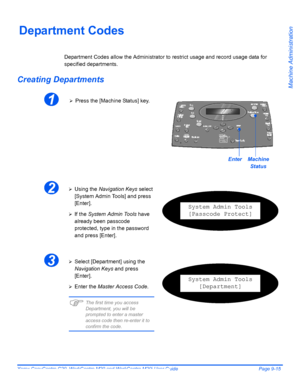 Page 155Xerox CopyCentre C20, WorkCentre M20 and WorkCentre M20i User Guide Page 9-15
Machine Administration
Department Codes
Department Codes allow the Administrator to restrict usage and record usage data for 
specified departments. 
Creating Departments
1¾Press the [Machine Status] key.
EnterMachine 
Status
2¾Using the Navigation Keys select 
[System Admin Tools] and press 
[Enter].
¾If the System Admin Tools have 
already been passcode 
protected, type in the password 
and press [Enter].
System Admin Tools...