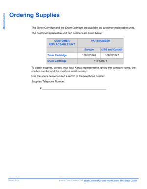 Page 176Page 10-4  Xerox CopyCentre C20, WorkCentre M20 and WorkCentre M20i User Guide 
Maintenance
Ordering Supplies
The Toner Cartridge and the Drum Cartridge are available as customer replaceable units.
The customer replaceable unit part numbers are listed below:
To obtain supplies, contact your local Xerox representative, giving the company name, the 
product number and the machine serial number.
Use the space below to keep a record of the telephone number.
Supplies Telephone Number:
#...
