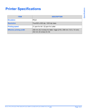 Page 205Xerox CopyCentre C20, WorkCentre M20 and WorkCentre M20i User Guide Page 12-3
Specifications
Printer Specifications
ITEMDESCRIPTION
EmulationPCL6
ResolutionTrue 600 x 600 dpi, 1200 dpi class
Printing speed21 ppm for A4 / 22 ppm for Letter
Effective printing width208 mm (8.2 inches) for letter / legal (216 x 356 mm / 8.5 x 14 inch)
202 mm (8 inches) for A4
Downloaded From ManualsPrinter.com Manuals 