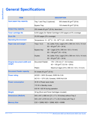 Page 208Page 12-6  Xerox CopyCentre C20, WorkCentre M20 and WorkCentre M20i User Guide 
Specifications
General Specifications
ITEMDESCRIPTION
Input paper tray capacityTray 1 and Tray 2 (optional): 550 sheets 80 g/m2 (20 lb)
Bypass Tray: 100 sheets 80 g/m
2 (20 lb)
Output tray capacity250 sheets 80 g/m2 (20 lb), face down
Toner cartridge life8,000 pages (for Starter Cartridge 4,000 pages) at 5% coverage
Drum life20,000 pages (5% coverage)
Operating EnvironmentTemperature: 10 - 32° C /  50 - 90° F (20 ~ 80% RH)...