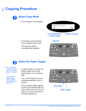 Page 54Page 3-2  Xerox CopyCentre C20, WorkCentre M20 and WorkCentre M20i User Guide 
CopyCopying Procedure
Select Copy Mode
Select the Paper Supply
zFor instructions 
on loading media, 
refer to “Loading 
Paper” on page 4-
2.
For full media 
specifications 
refer to “Media 
Specifications” on 
page 12-7.
1
¾Ensure Ready to Copy displays.
Ready To Copy
100% 001
Number of Copies Current Reduction / 
Enlarge Setting
Copy Key¾If necessary, press the [Copy] 
key to change to Copy mode.
The Copy key remains...