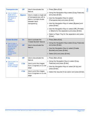 Page 65Xerox CopyCentre C20, WorkCentre M20 and WorkCentre M20i User Guide Page 3-13
Copy
Transparencies
zUse to create a 
single set of 
transparencies 
with blank or 
printed 
separators.
OffUse to de-activate the 
feature.¾Press [Menu/Exit].
¾Using the Navigation Keys select [Copy Features] 
and press [Enter].
¾Use the Navigation Keys to select 
[Transparencies] and press [Enter].
¾Use the Navigation Keys to select [Bypass] and 
press [Enter].
¾Use the Navigation Keys to select [Off], [Printed] 
or [Blank]...