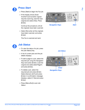 Page 101Xerox CopyCentre C20, WorkCentre M20 and WorkCentre M20i User Guide Page 6-5
Fax
Press Start
Job Status
5¾Press [Start] to begin the Fax job.
¾If the display shows [Scan 
Another?] and another original 
requires scanning, load the next 
original and select [Yes]. Press 
[Enter].
Continue the procedure until all 
the originals have been scanned.
¾Select [No] when all the originals 
have been scanned, and press 
[Enter].
The Fax is scanned and sent.
Navigation Keys Start
6¾To view the status of a job,...