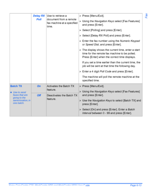 Page 109Xerox CopyCentre C20, WorkCentre M20 and WorkCentre M20i User Guide Page 6-13
FaxDelay RX 
PollUse to retrieve a 
document from a remote 
fax machine at a specified 
time.¾Press [Menu/Exit].
¾Using the Navigation Keys select [Fax Features] 
and press [Enter].
¾Select [Polling] and press [Enter].
¾Select [Delay RX Poll] and press [Enter].
¾Enter the fax number using the Numeric Keypad 
or Speed Dial, and press [Enter].
¾The display shows the current time, enter a start 
time for the remote fax machine to...