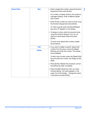 Page 117Xerox CopyCentre C20, WorkCentre M20 and WorkCentre M20i User Guide Page 6-21
FaxSpeed DialsNew¾Enter a speed dial number using the Numeric 
Keypad and then press [Enter].
If a number is already stored in the location a 
message displays. Enter a different Speed 
Dial number.
¾Enter the fax number you want to store using 
the Numeric Keypad and press [Enter].
To insert a pause press the [Pause/Redial] 
key and a ’P’ appears on the display.
¾To assign a name, enter the required name 
using the Numeric...