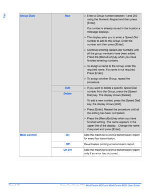 Page 118Page 6-22  Xerox CopyCentre C20, WorkCentre M20 and WorkCentre M20i User Guide 
FaxGroup DialsNew¾Enter a Group number between 1 and 200 
using the Numeric Keypad and then press 
[Enter].
If a number is already stored in the location a 
message displays.
¾The display asks you to enter a Speed Dial 
number to add to the Group. Enter the 
number and then press [Enter].
¾Continue entering Speed Dial numbers until 
all the group members have been added. 
Press the [Menu/Exit] key when you have 
finished...