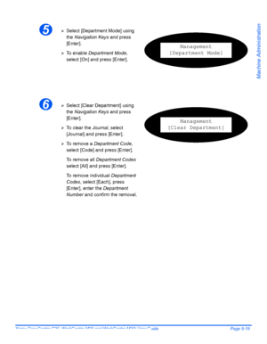 Page 159Xerox CopyCentre C20, WorkCentre M20 and WorkCentre M20i User Guide Page 9-19
Machine Administration
5¾Select [Department Mode] using 
the Navigation Keys and press 
[Enter].
¾To enable Department Mode, 
select [On] and press [Enter].
Management
[Department Mode]
6¾Select [Clear Department] using 
the Navigation Keys and press 
[Enter].
¾To clear the Journal, select 
[Journal] and press [Enter].
¾To  r e m o v e  a  Department Code, 
select [Code] and press [Enter]. 
To remove all Department Codes...