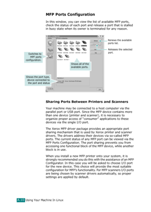 Page 236Using Your Machine In LinuxA.10
MFP Ports Configuration
In this window, you can view the list of available MFP ports, 
check the status of each port and release a port that is stalled 
in busy state when its owner is terminated for any reason.
Sharing Ports Between Printers and Scanners
Your machine may be connected to a host computer via the 
parallel port or USB port. Since the MFP device contains more 
than one device (printer and scanner), it is necessary to 
organize proper access of “consumer”...